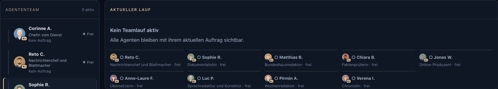 Ausschnitt aus dem Redaktionscockpit: links die Liste des KI-Teams mit Avataren, Namen, Berufen und Status, rechts der aktuelle Lauf mit den Arbeitsschritten der einzelnen Agentinnen und Agenten.